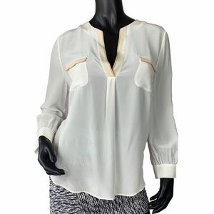 Joie Silk Pocket Long Sleeve Split Neck Collar Blouse Shirt Cream V-neck